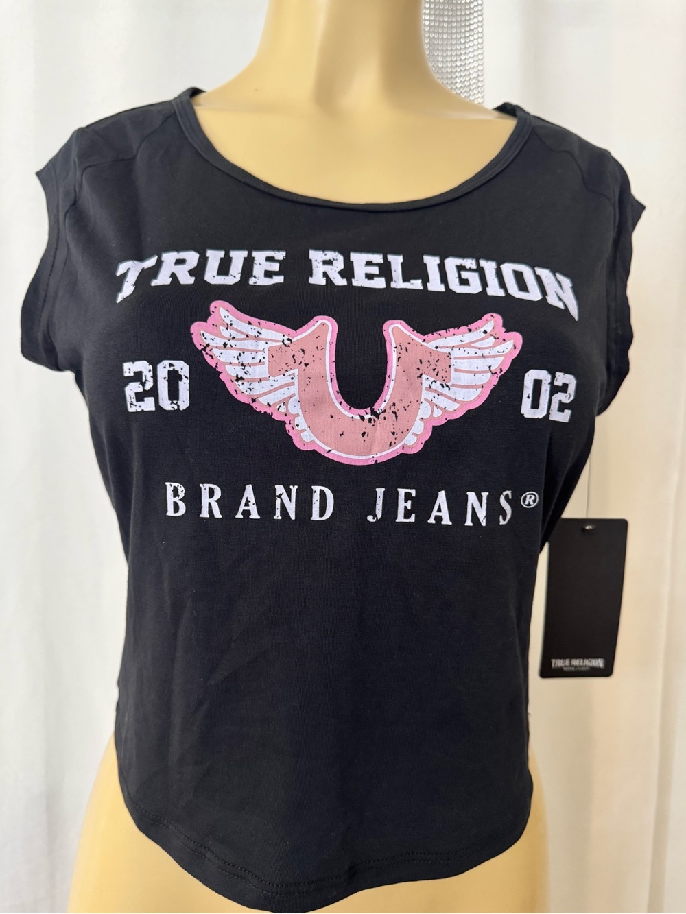 True Religion Black Graphic Logo Crop Tee with Pink Accent